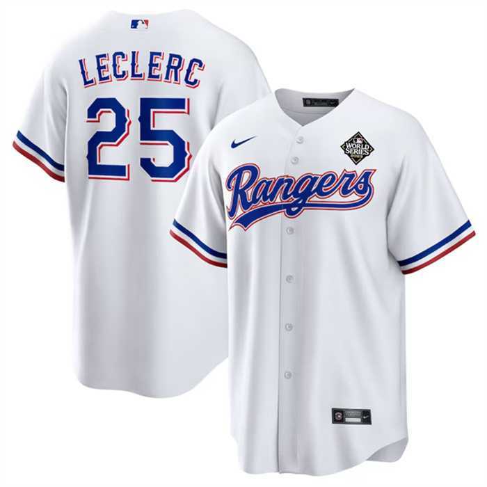Men%27s Texas Rangers #25 Jose Leclerc White 2023 World Series Stitched Baseball Jersey Dzhi